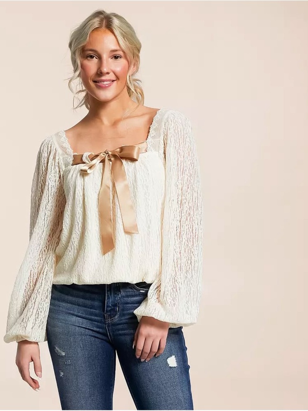 Daytrip Ivory Lace Peasant Top with Satin Champagne Bow